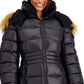 Steve Madden Junior's Faux Fur Trim Hooded Shine Puffer Coat Black Size X-Large