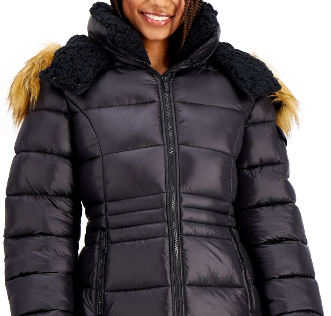 Steve Madden Junior's Faux Fur Trim Hooded Shine Puffer Coat Black Size X-Large