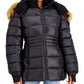 Steve Madden Junior's Faux Fur Trim Hooded Shine Puffer Coat Black Size X-Large
