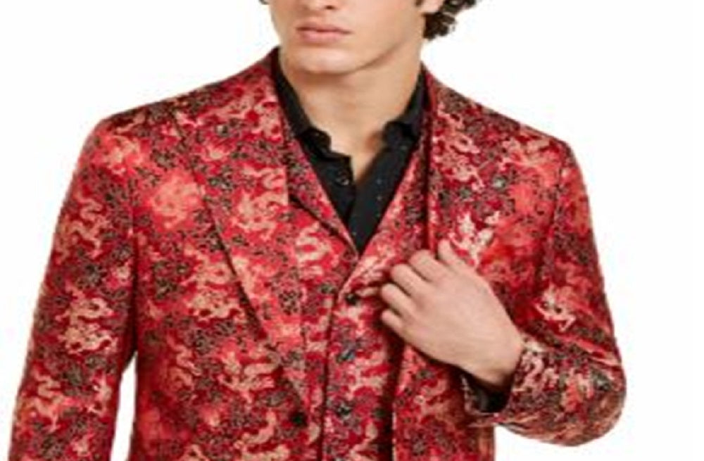Tallia Men's Short Metallic Dragon Floral Satin Suit Jacket Red Size 42