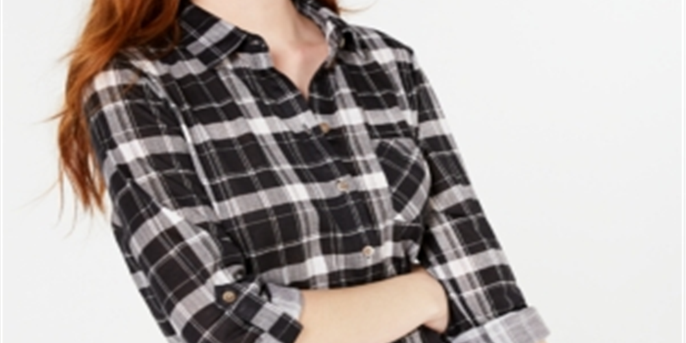 Polly & Esther Junior's Plaid Roll Tab Shirt Black Size X-Large