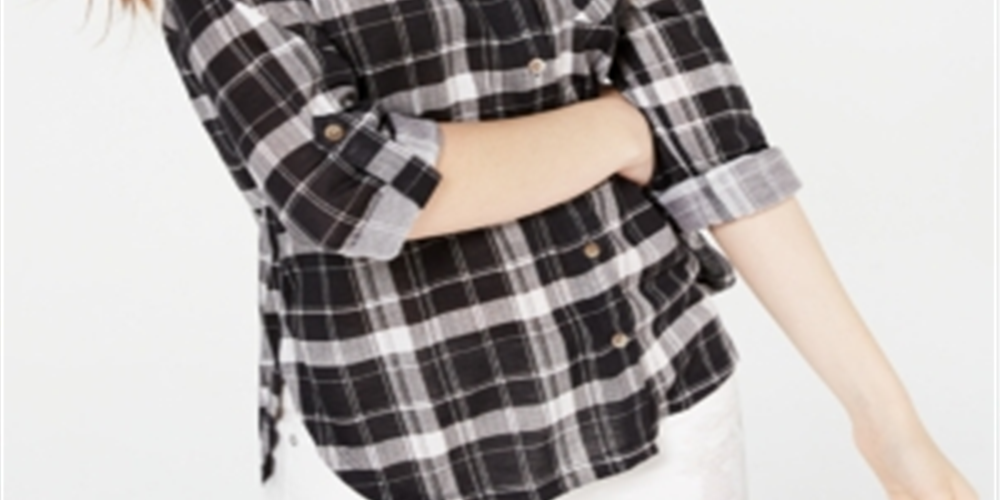 Polly & Esther Junior's Plaid Roll Tab Shirt Black Size X-Large