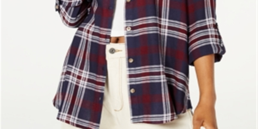 Polly & Esther Women's Plaid Utility Shirt Blue Size Small