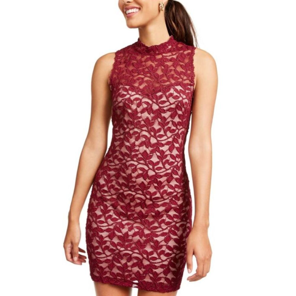 Emerald Sundae Womens Lace Midi Cocktail and Party Dress Red XS