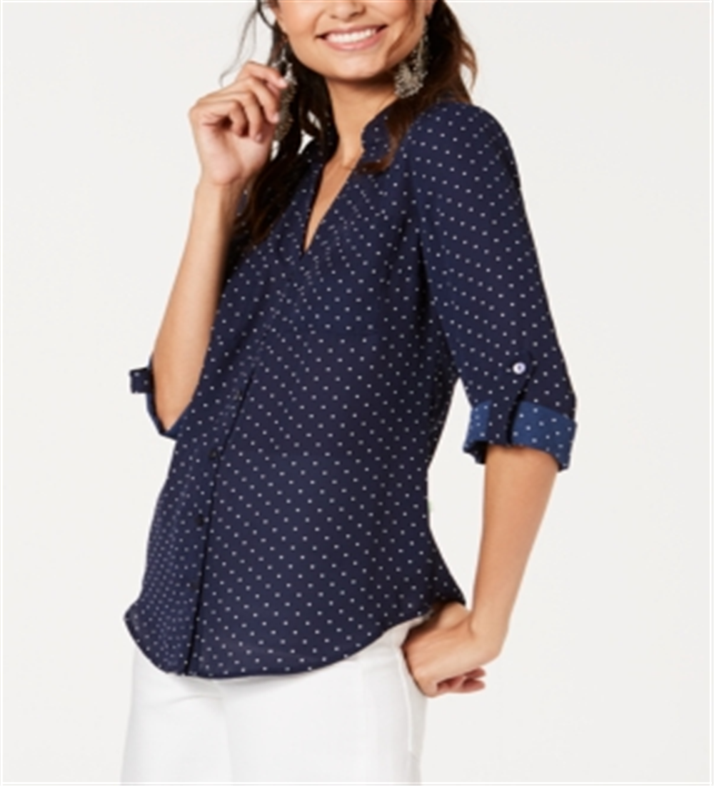 BCX Junior's Printed Button up Shirt Dark Blue Size Medium