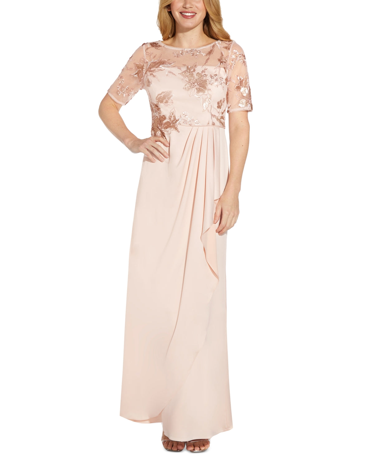 Adrianna Papell Women's Embroidery Crepe Satin Gown Pink Size 6