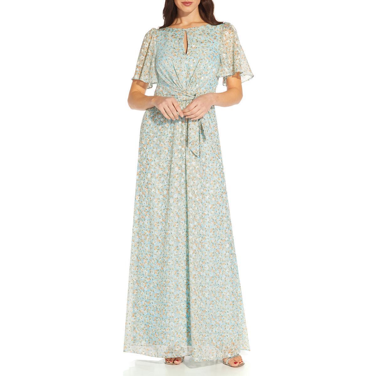 Adrianna Papell Women's Floral Jacquard Keyhole Gown Blue Size 6