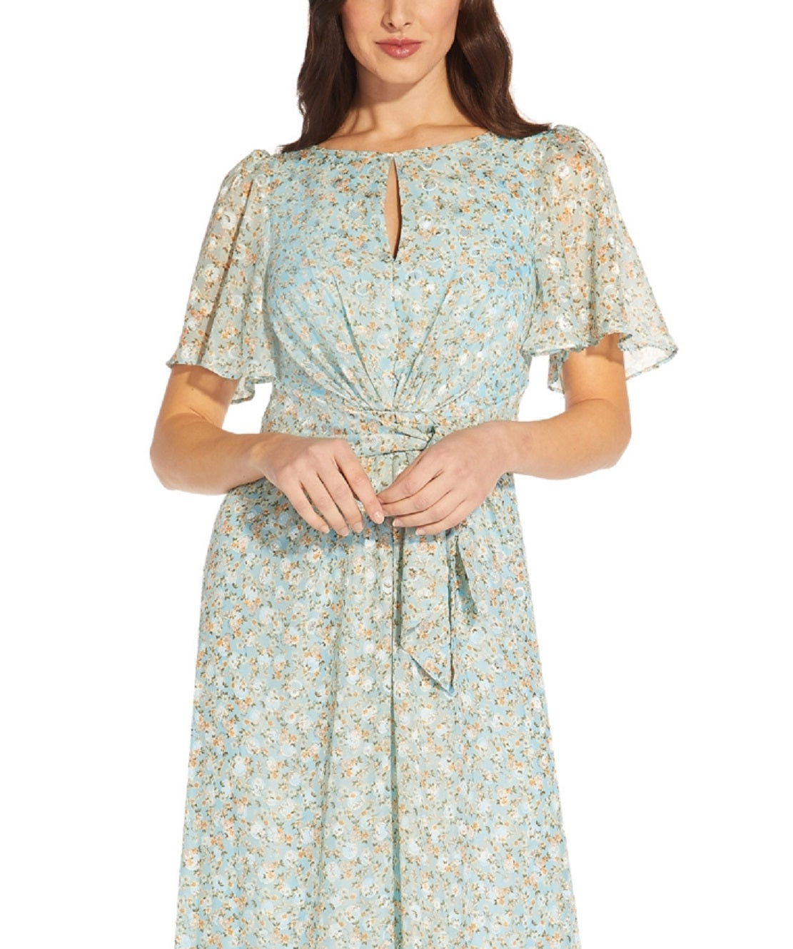 Adrianna Papell Women's Floral Jacquard Keyhole Gown Blue Size 6