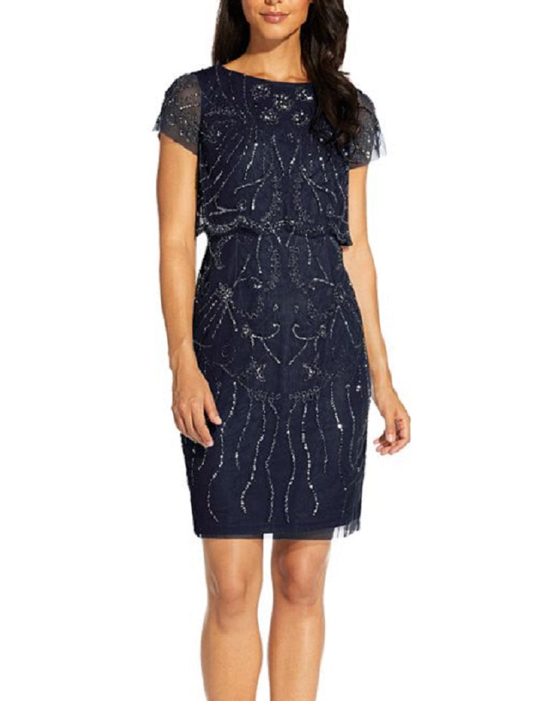 Adrianna Papell Women's Embellished Overlay Dress Blue Size 6