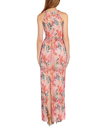 Adrianna Papell Women's Floral Metallic Pleated Halter Gown Brown Size 12