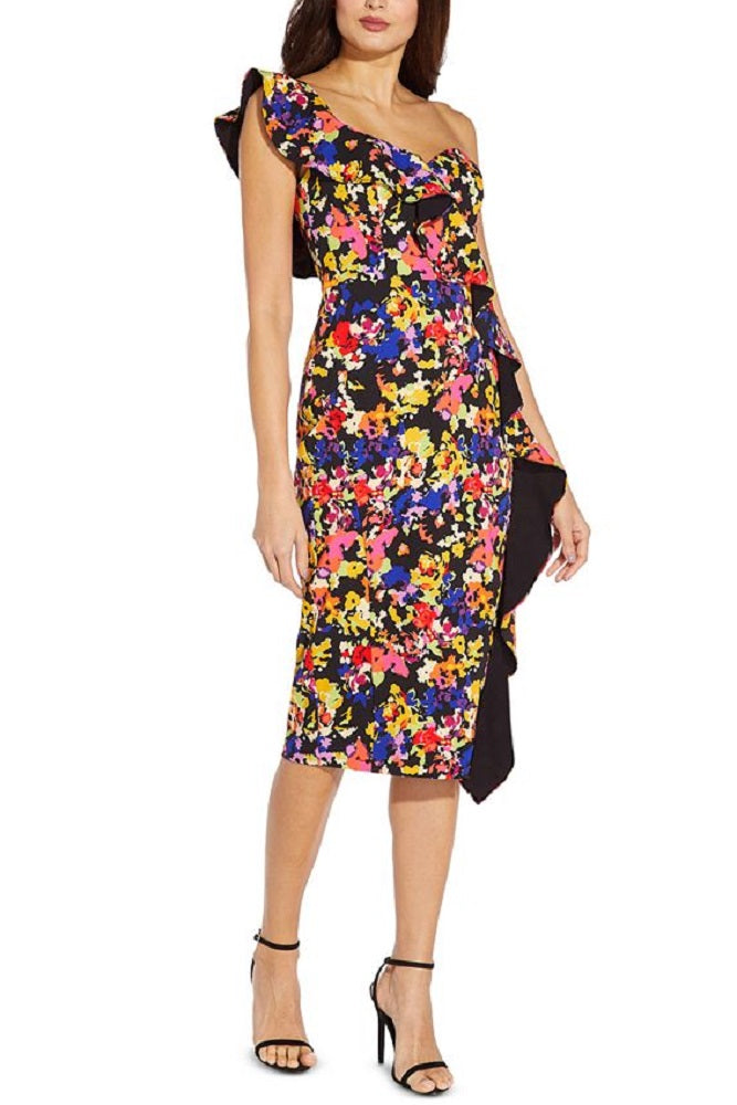 Aidan By Aidan Mattox Women's Floral Print Ruffled One Shoulder Dress Black Size 10