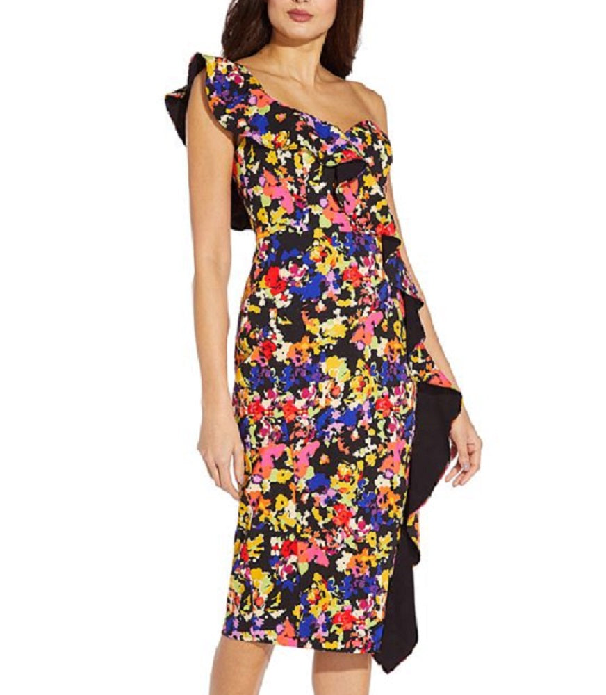 Aidan By Aidan Mattox Women's Floral Print Ruffled One Shoulder Dress Black Size 10