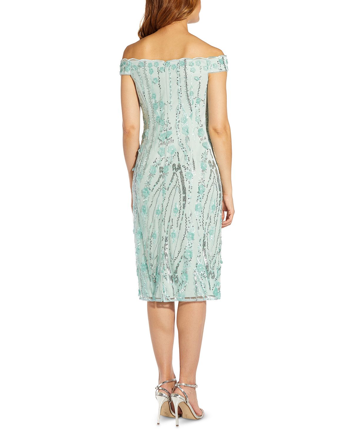 Adrianna Papell Women's Off The Shoulder 3 D Floral Sheath Dress Blue Size 6