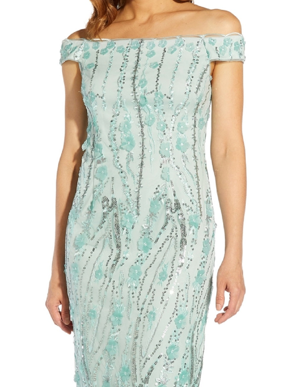 Adrianna Papell Women's Off The Shoulder 3 D Floral Sheath Dress Blue Size 6