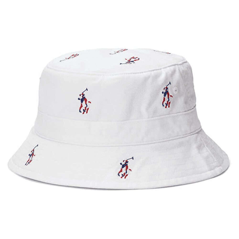 Polo Ralph Lauren पुरुषों की सिग्नेचर पोनी बकेट हैट व्हाइट साइज़ लार्ज