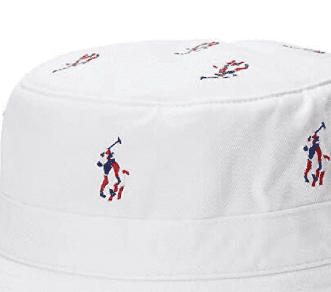Polo Ralph Lauren पुरुषों की सिग्नेचर पोनी बकेट हैट व्हाइट साइज़ लार्ज