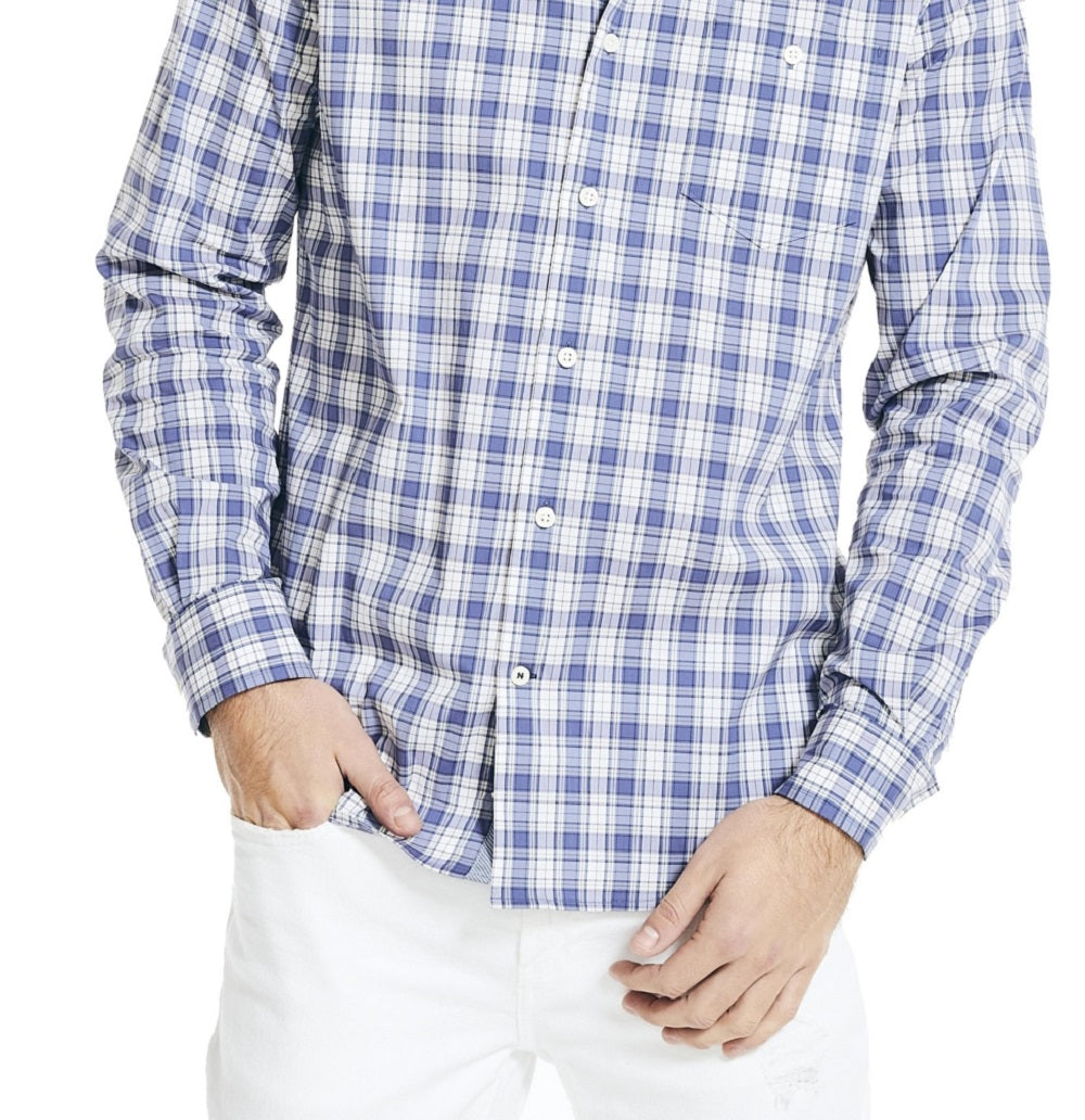Nautica Men's Navtech Moisture Wicking Performance Stretch Plaid Shirt Blue Size Large