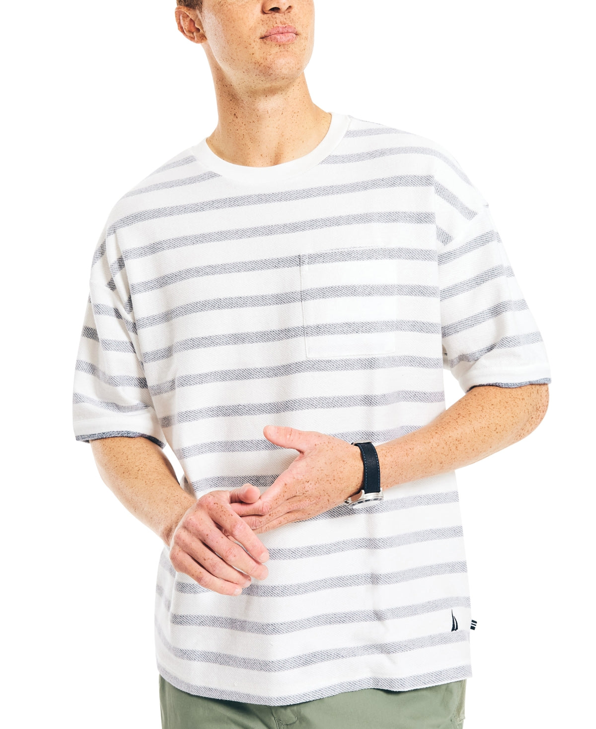 Nautica Men's Loose Fit Crew Neck Stripe Pocket T-Shirt White Size X-Large