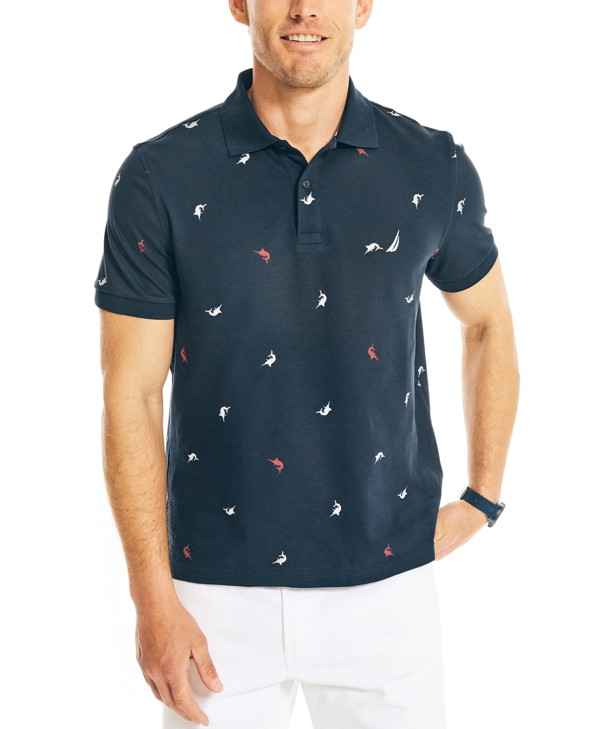 Nautica Men's Sustainably Crafted Classic Fit Critter Print Deck Polo Blue Size Large