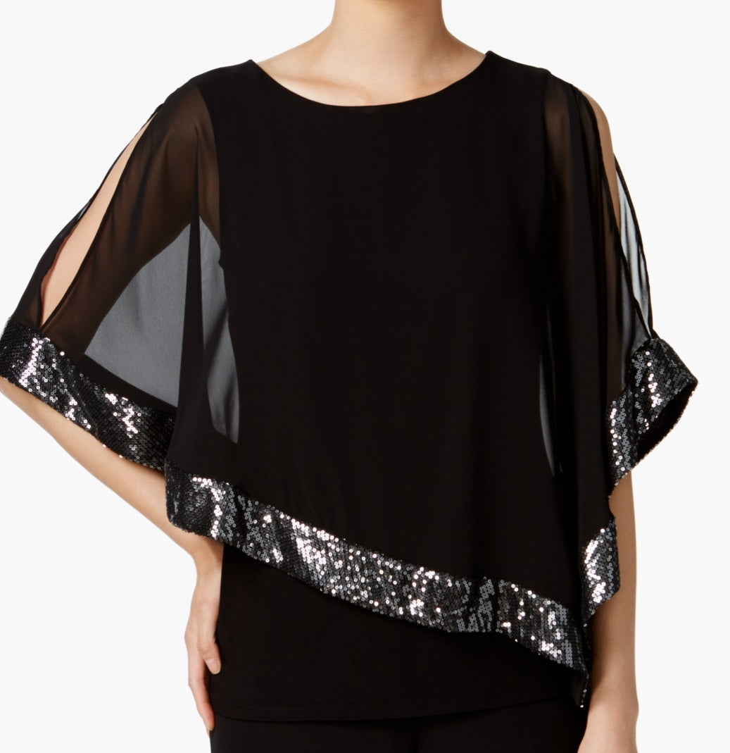 MSK Women's Sequined Chiffon Asymmetrical Blouse Black Size Petite Medium