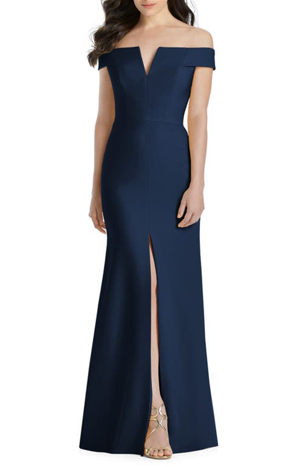 Dessy Collection Women's Midnight Notched Off the Shoulder Gown Size 12