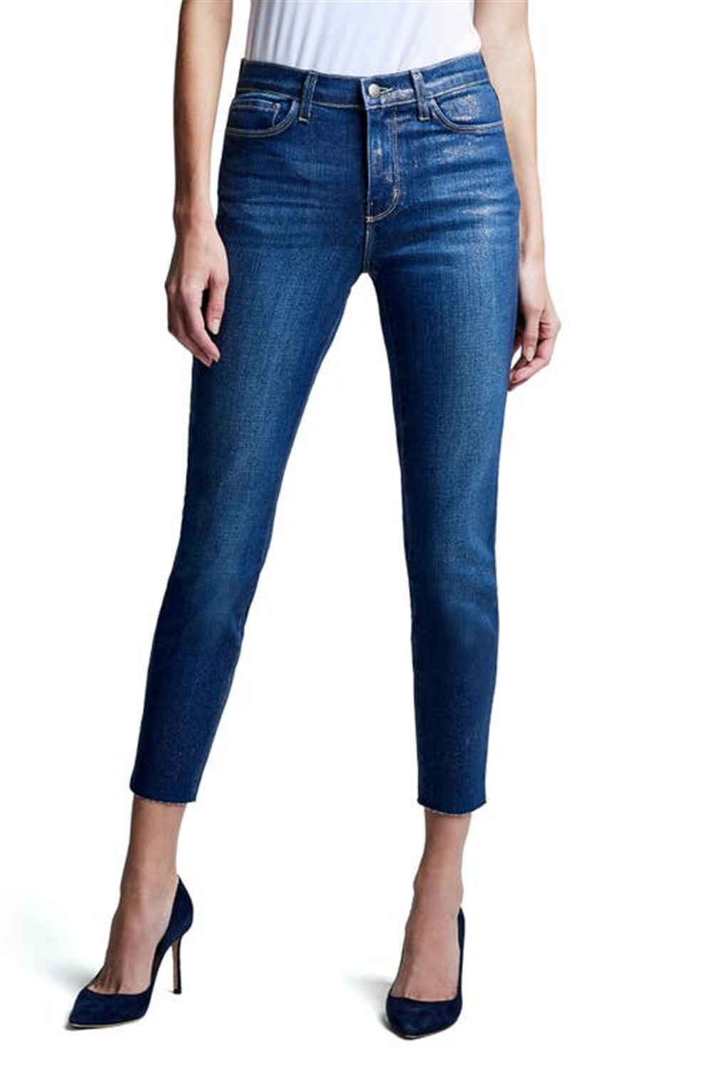 L'AGENCE El Matador French Slim Metallic Crop Skinny Jeans in Fremont/gold Glitter Coat , Size 26