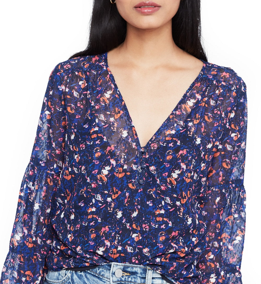 Parker Women's Sheer Printed Long Sleeve V Neck Top Blue Size X-Small