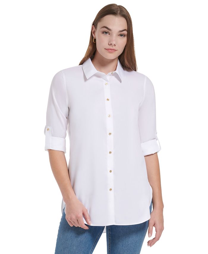 Calvin Klein Women's Non Iron Button Down Tunic White Size Small