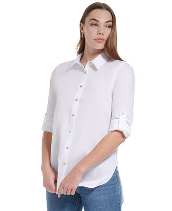 Calvin Klein Women's Non Iron Button Down Tunic White Size Small