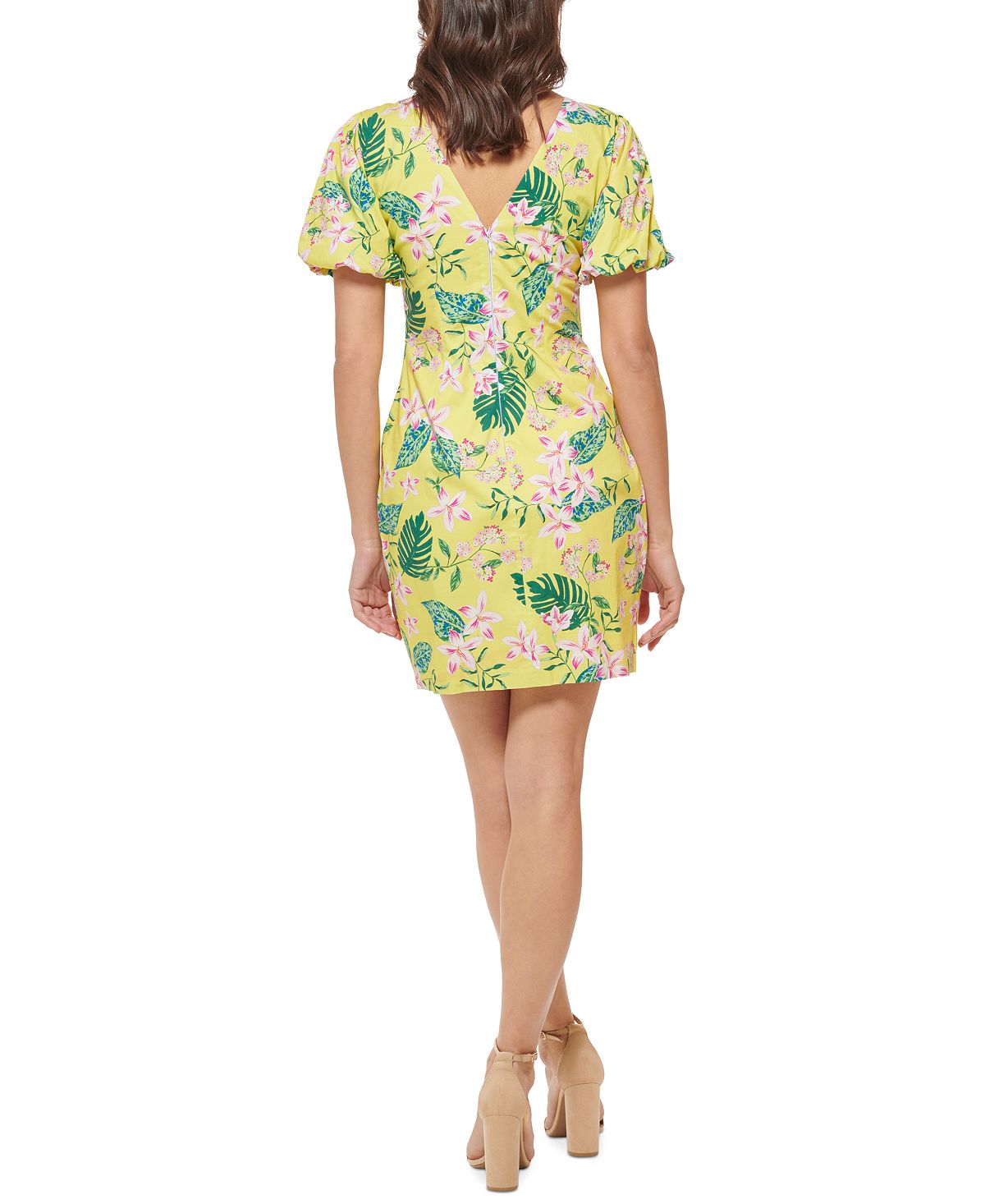 GUESS Women's Printed Puff Sleeve Bodycon Dress Yellow Size 8