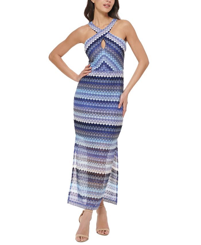 GUESS Women's Crochet Lace Halter Maxi Dress Blue Size 12