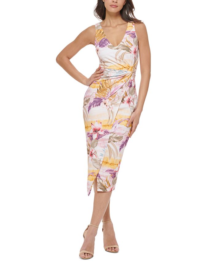 GUESS Women's Printed Knot Detail Midi Dress White Size 8