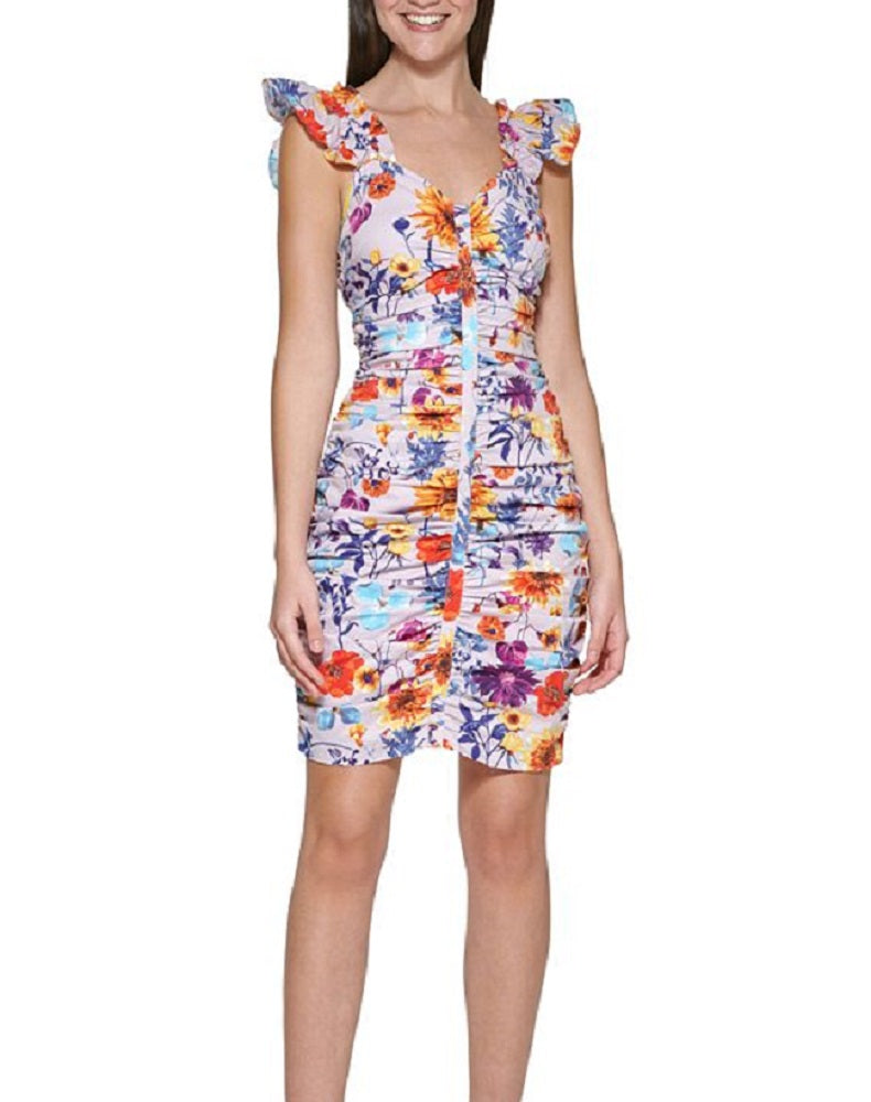 GUESS Women's Floral Print Ruched Dress Purple Size 16
