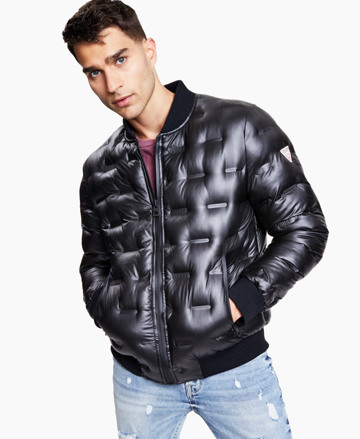 GUESS Men's Stamp Quilt Puffer Bomber Jacket Black Size Medium