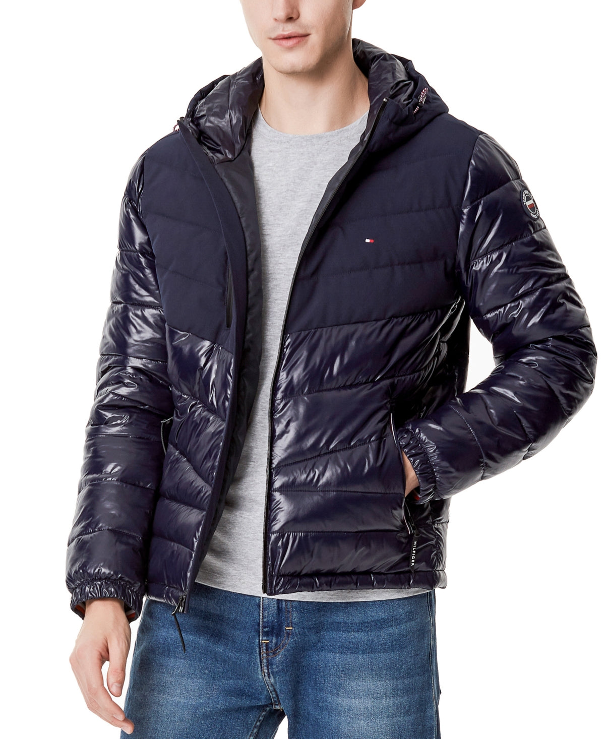 Tommy Hilfiger Men's Chevron Colorblock Hooded Puffer Jacket Blue Size Small
