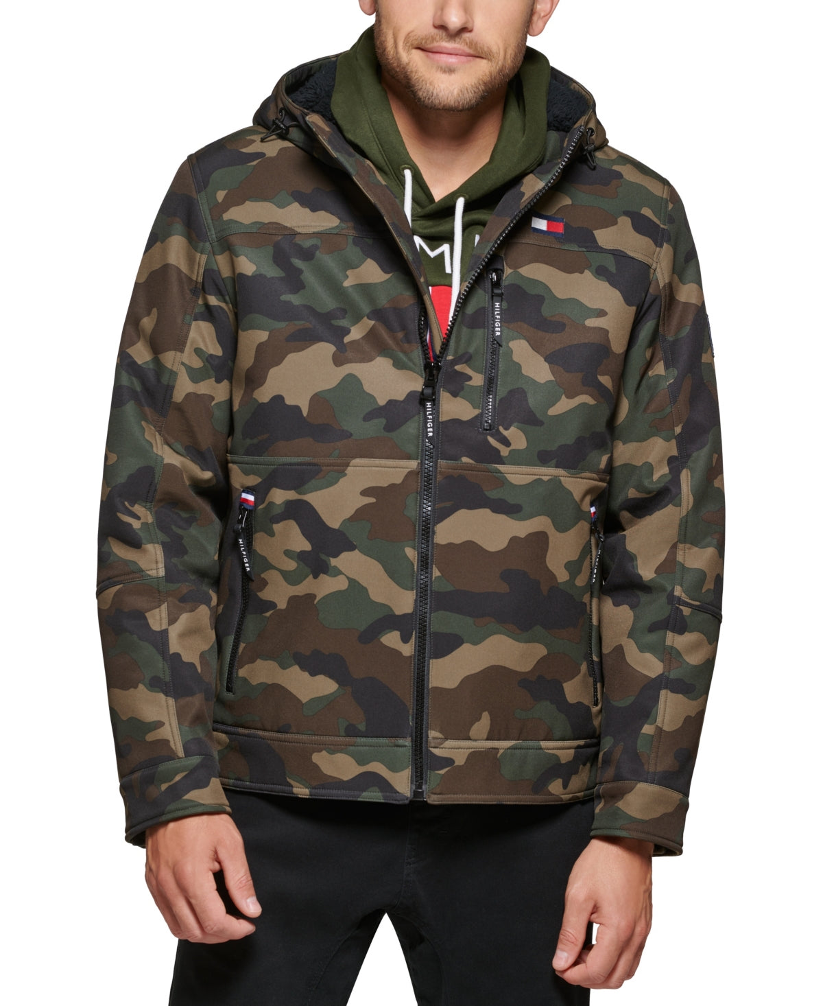 Tommy Hilfiger Men's Sherpa Lined Softshell Hooded Jacket Green Size XX-Large
