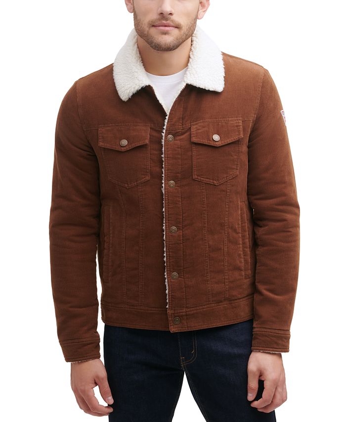 GUESS Men's Corduroy Bomber Jacket With Sherpa Collar Brown Size Large