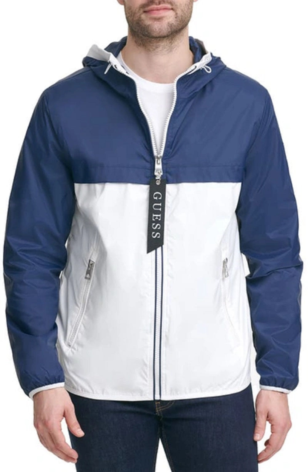 GUESS Men's Colorblocked Hooded Windbreaker Blue Size Medium