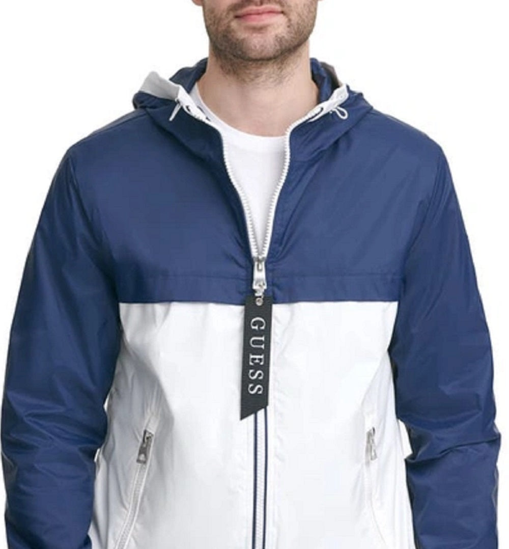GUESS Men's Colorblocked Hooded Windbreaker Blue Size Medium