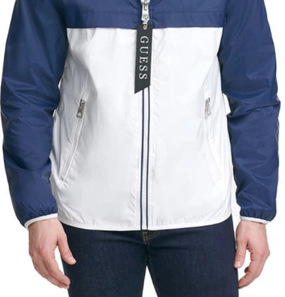 GUESS Men's Colorblocked Hooded Windbreaker Blue Size Medium