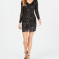 Guess Women's Embellished Long Sleeve V Neck Short Evening Body Con Dress Black Size 10