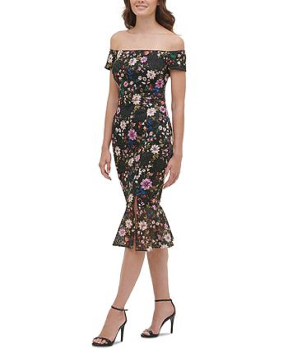 GUESS Women's Off The Shoulder Lace Midi Dress Black Size 0