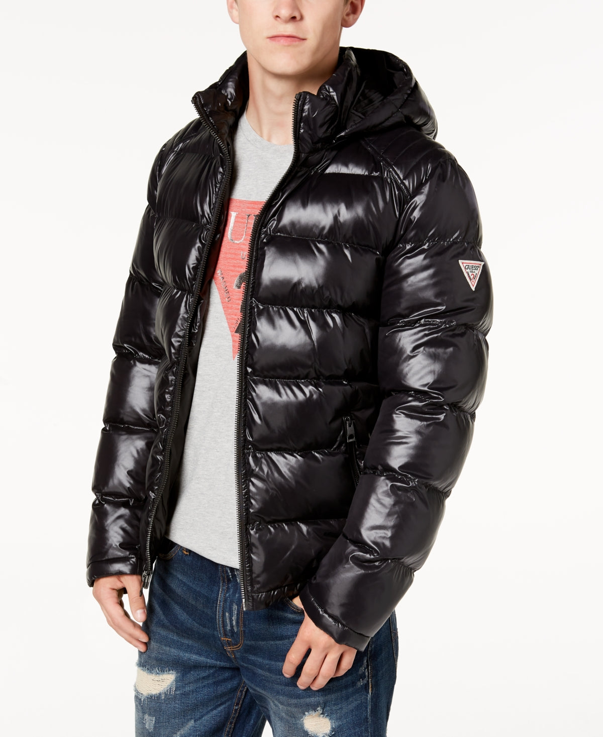 GUESS Men's Hooded Puffer Coat Black Size Medium