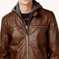GUESS Men's Faux Leather Detachable Hood Motorcycle Jacket Brown Size XX-Large
