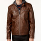 GUESS Men's Faux Leather Detachable Hood Motorcycle Jacket Brown Size XX-Large