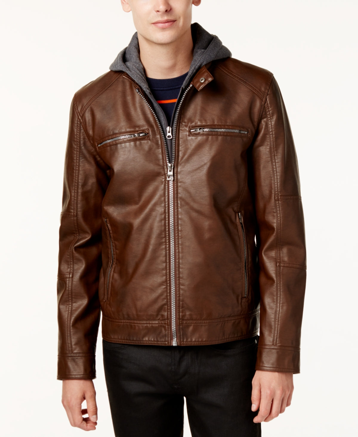 GUESS Men's Faux Leather Detachable Hood Motorcycle Jacket Brown Size XX-Large