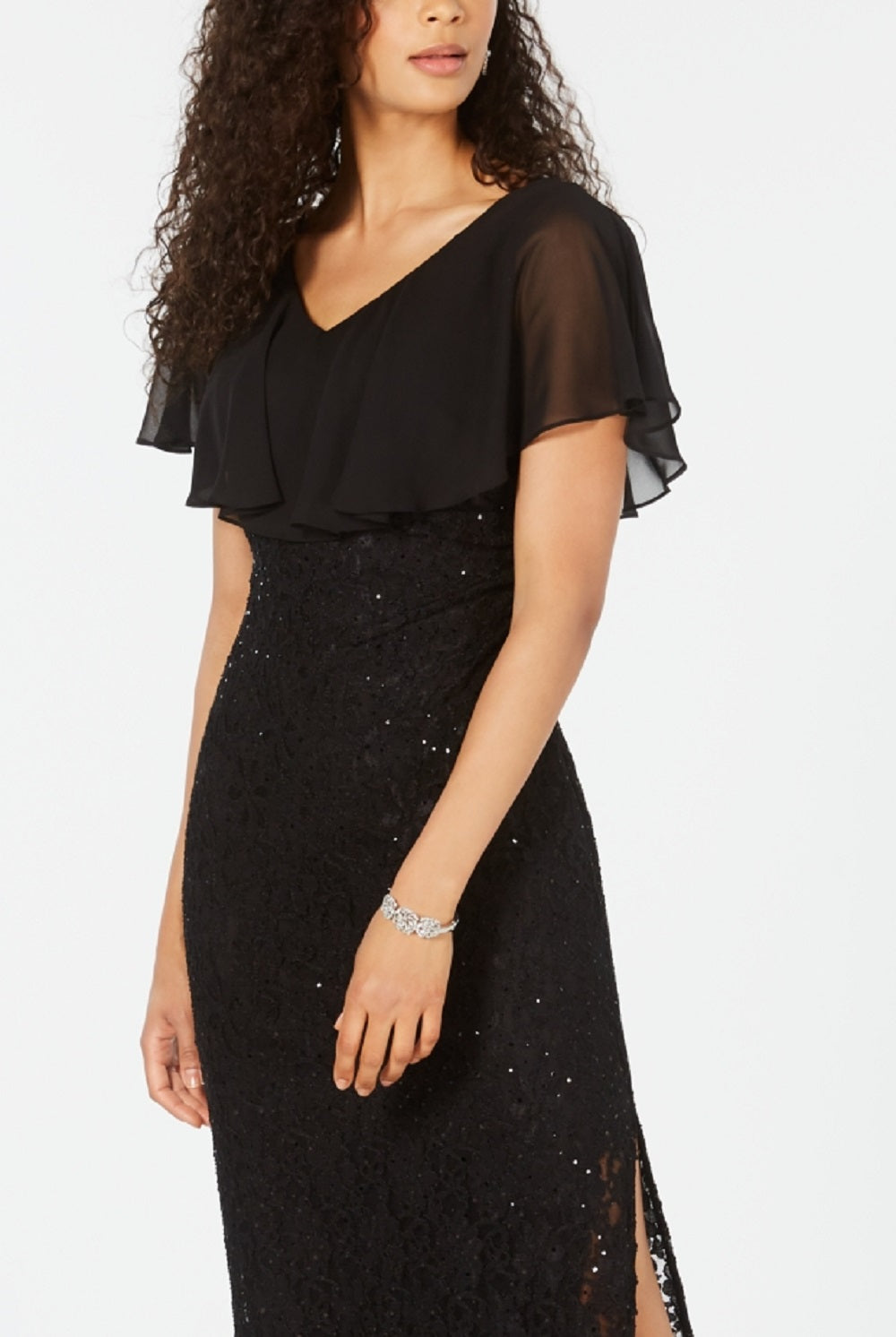 Connected Women's Sequin Lace Cape Gown Black Size 14Petite