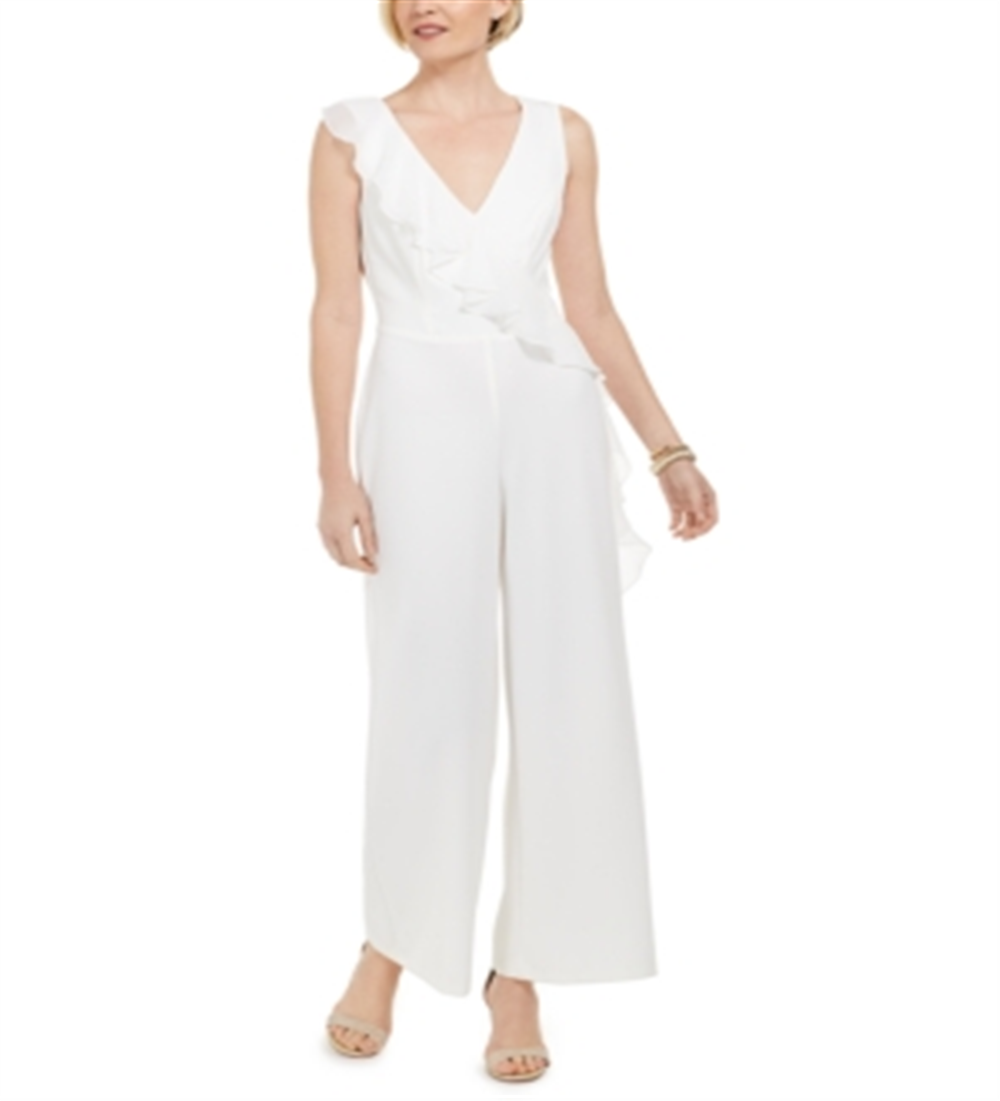 Connected Women's V Neck Sleeveless Ruffled Draped Zipper Back Jumpsuit White Size 8