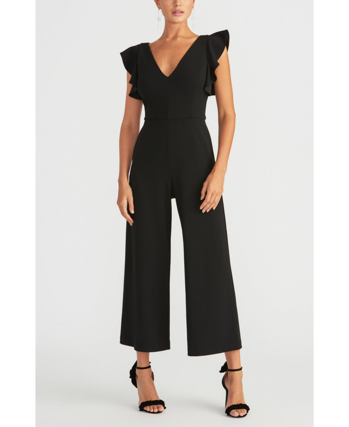 Rachel Roy Women's Ruffled Sleeveless V Neck Evening Straight Leg Jumpsuit Black Size Medium