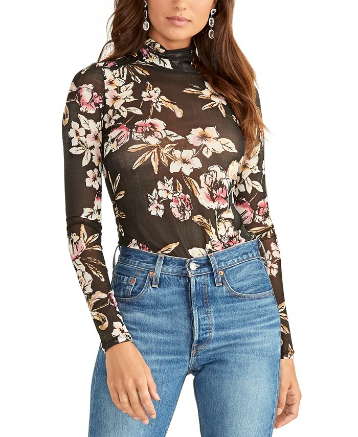 Rachel Roy Women's Floral Print Turtleneck Top Black Size Small